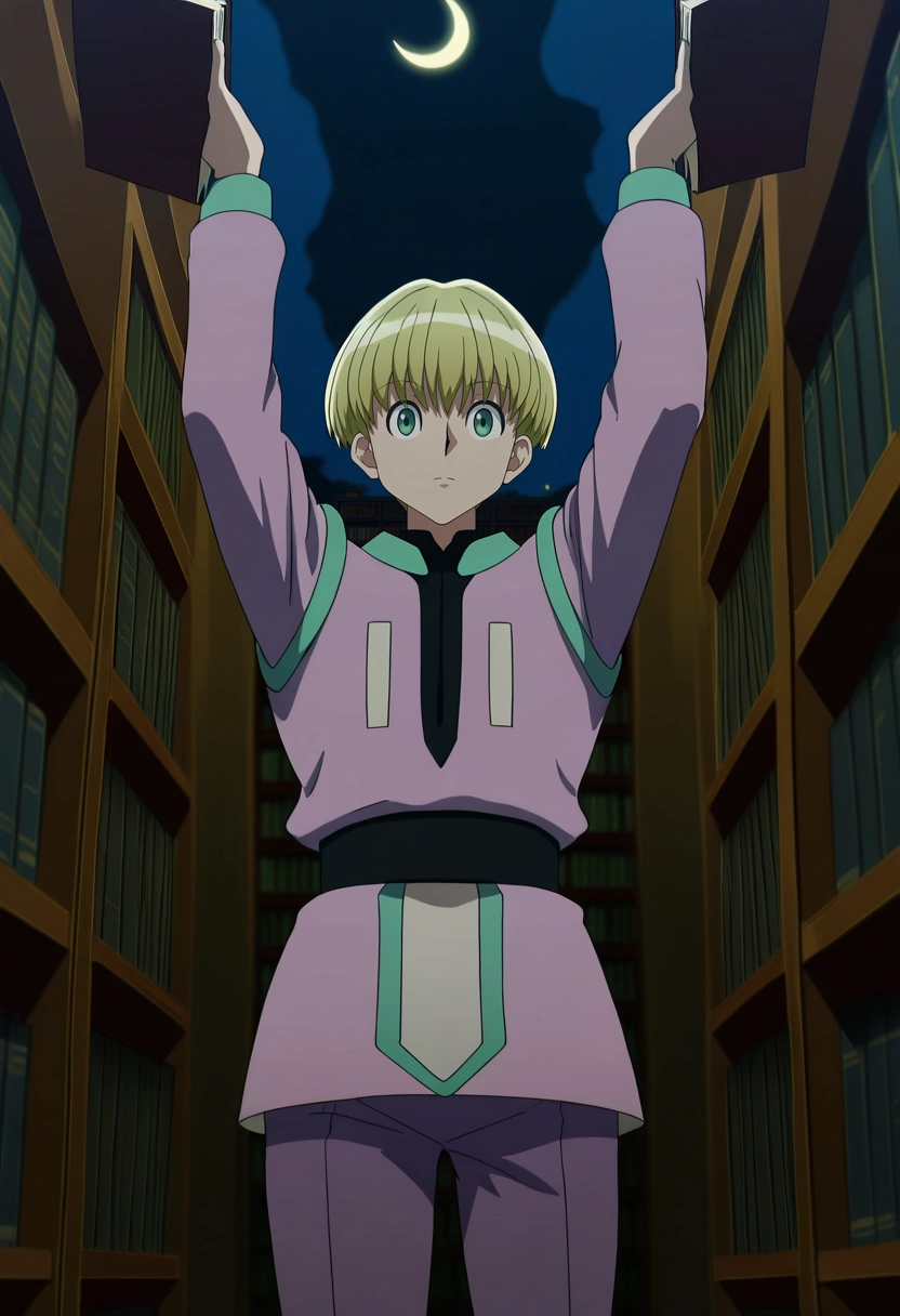 masterpiece, best quality, , anime screencap, anime coloring, official style,, 1boy, solo, male focus, <lora:shalnark_ryuseih_ilxl:0.96>, shalnark_ryuseih, blonde hair, green eyes, short hair, bangs, , wide angle, wide shot, cowboy shot, library, books, night, crescent moon, arms up, expressionless,