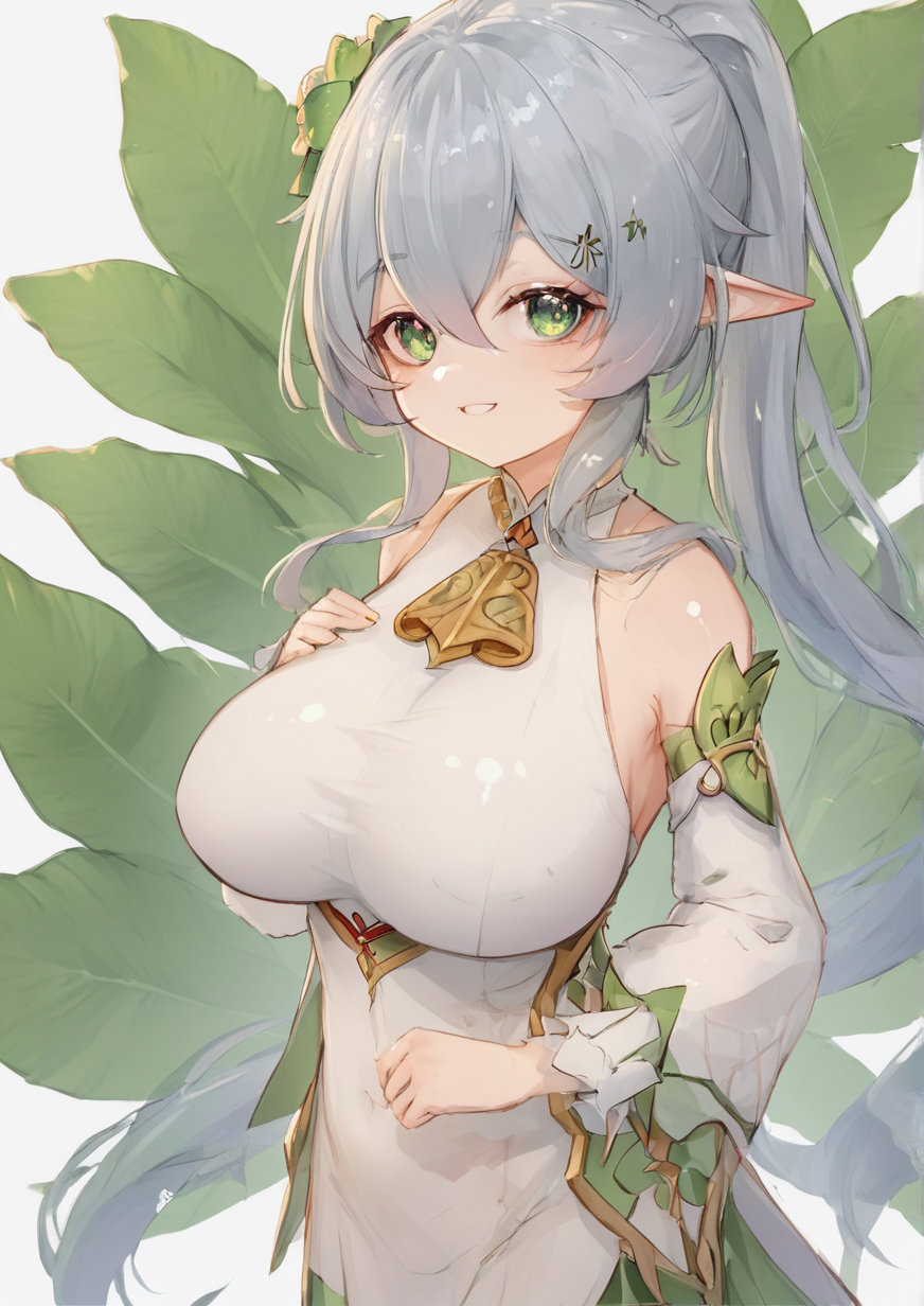 1girl, nahida (genshin impact), huge breast, eyebrows hidden by hair, flower, green eyes, grey hair, hair between eyes, hair flower, hair ornament, hairclip, leaf, long hair, looking at viewer, pointy ears, ponytail, skirt, smile, solo,zPDXL3 <lora:IceNight:1>