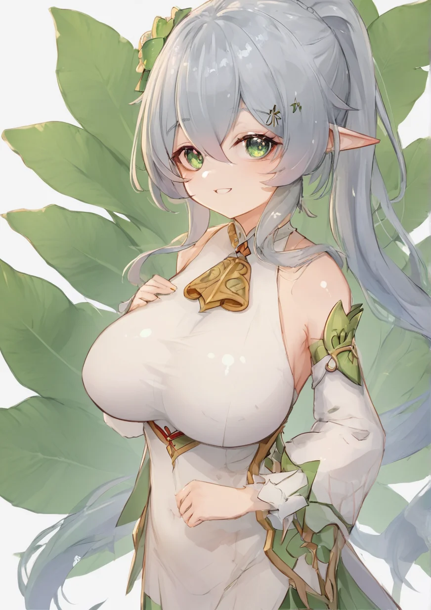 1girl, nahida (genshin impact), huge breast, eyebrows hidden by hair, flower, green eyes, grey hair, hair between eyes, hair flower, hair ornament, hairclip, leaf, long hair, looking at viewer, pointy ears, ponytail, skirt, smile, solo,zPDXL3 <lora:IceNight:1>