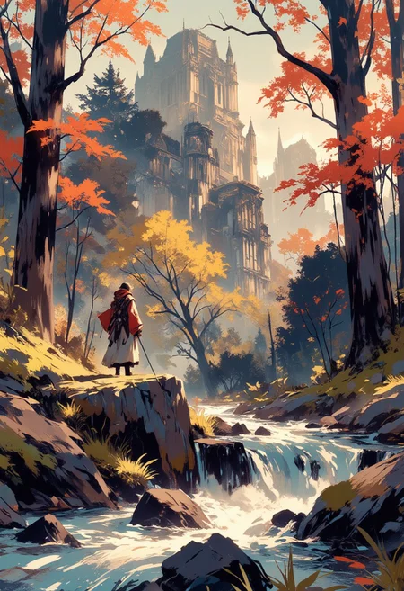 Mh1$AgThS2, intricate linework with expressive contrasts, soft lighting with dynamic highlights, a tranquil woodland stream flowing through woodland, autumn, sunset. Impressionistic anime-style scene, Mixed art style, loose, painterly impressionist brushstrokes for depth and atmosphere, anime-style character details, ligne claire outlines for clarity and structure, In the style of ff-td