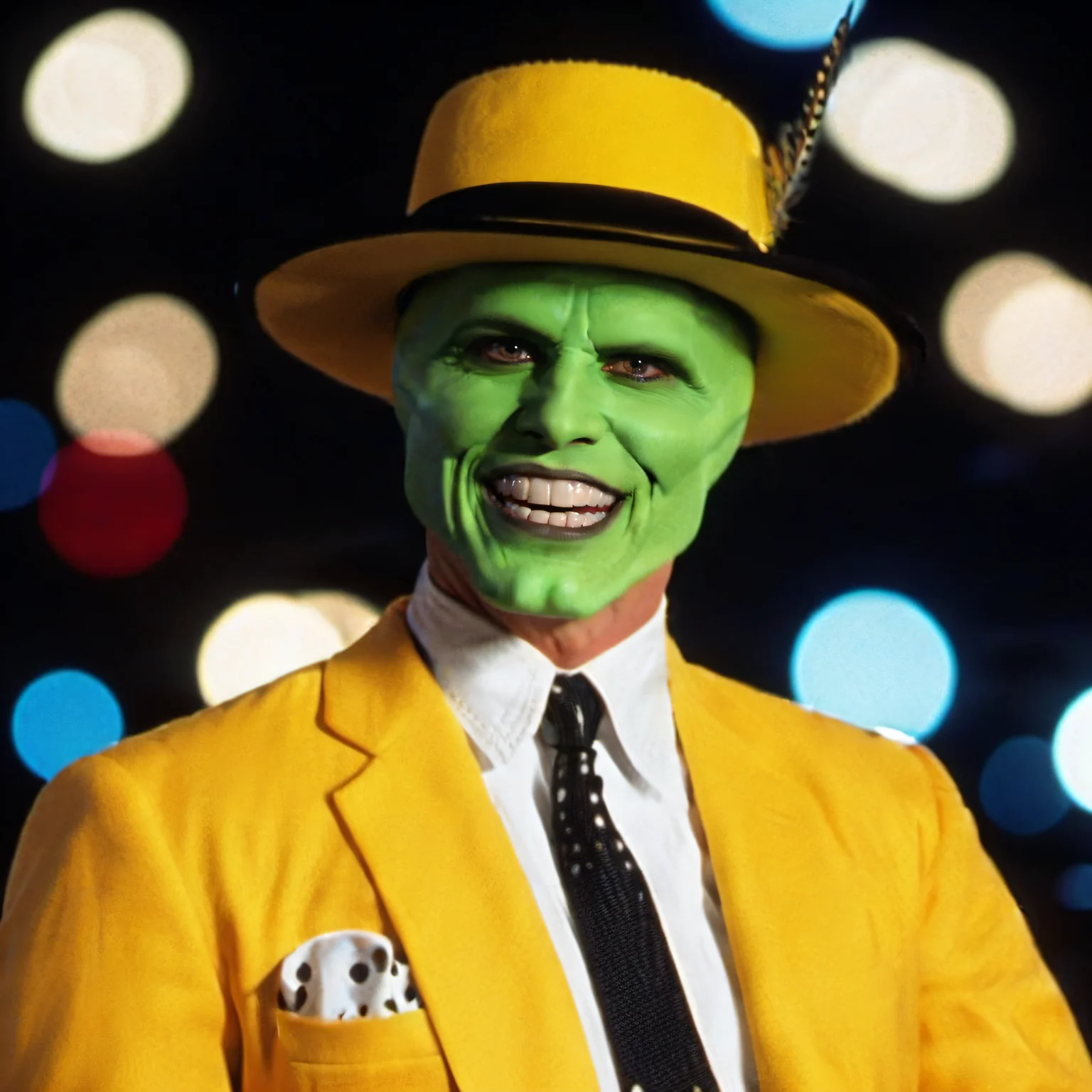 TheMask1024, a man wears a yellow suit and a hat with feather, detailed eyes, highly detailed, photography, ultra sharp, film, bokeh, professional, 4k <lora:TheMask1024:0.8> <lora:add-detail-xl:2>