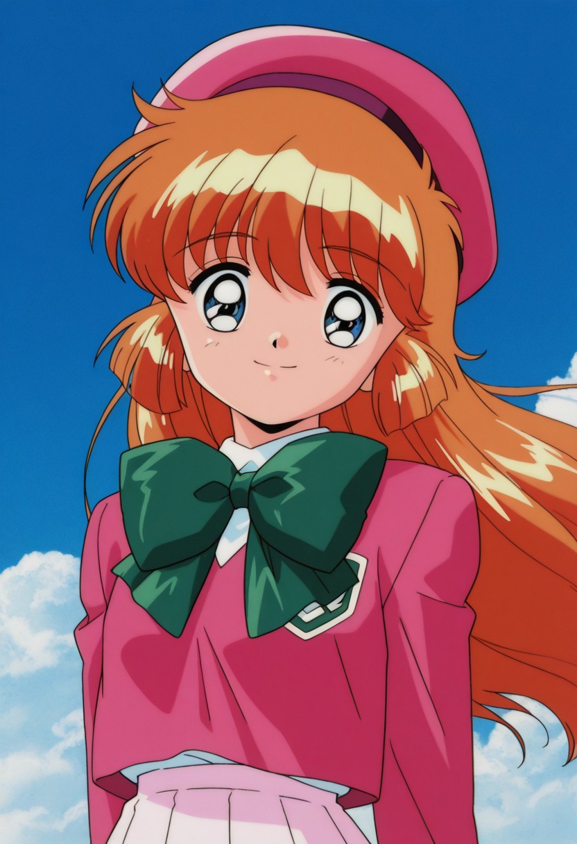 masterpiece, best quality, source_anime,official art,perfect_anatomy,1990s_\(style\),retro_artstyle,meimi haneoka,1girl,long hair,orange hair,school uniform,skirt,green_bow，(looking_at_viewer,smile),hat,portrait,close to viewer,day,blue_sky,cloud