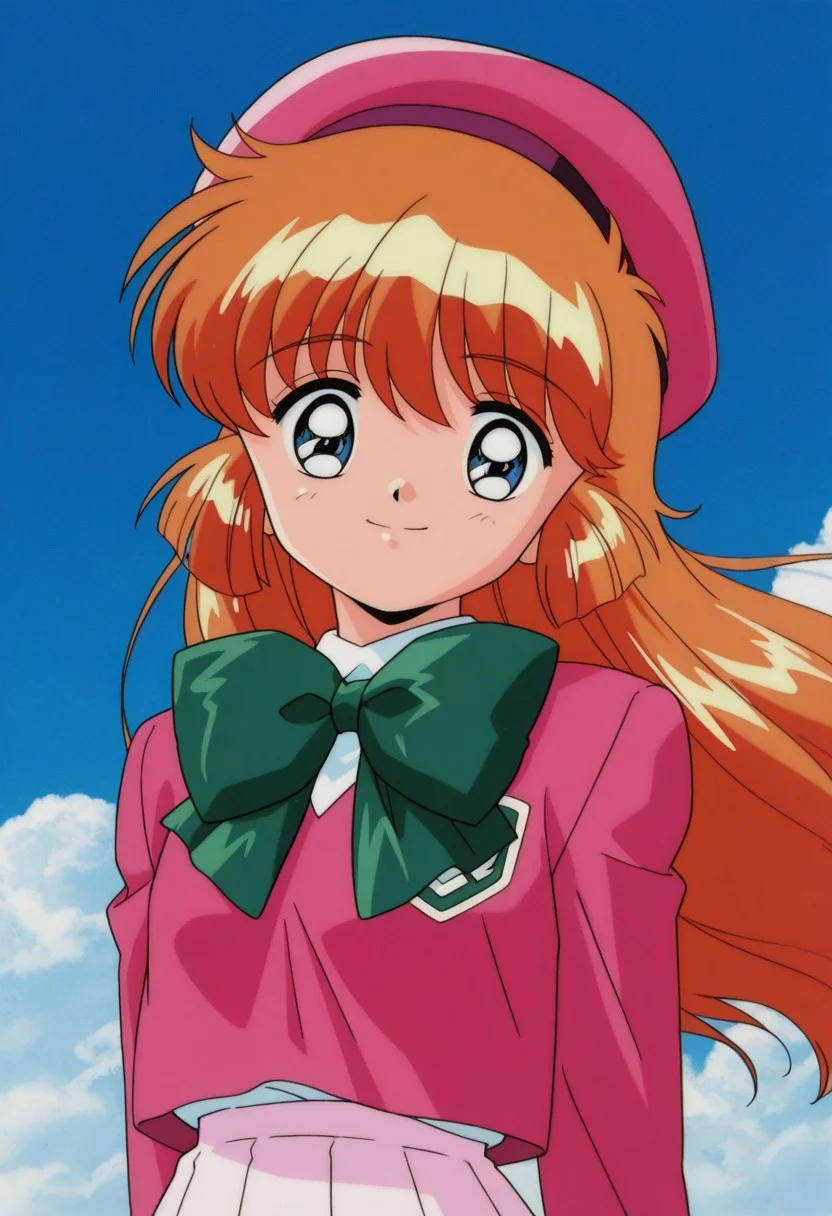 masterpiece, best quality, source_anime,official art,perfect_anatomy,1990s_\(style\),retro_artstyle,meimi haneoka,1girl,long hair,orange hair,school uniform,skirt,green_bow,(looking_at_viewer,smile),hat,portrait,close to viewer,day,blue_sky,cloud
