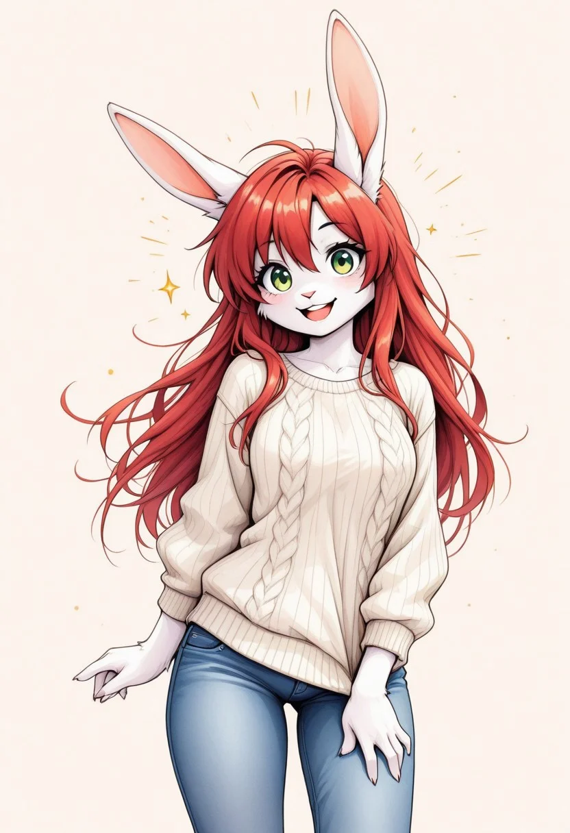 masterpiece,best quality,amazing quality, very aesthetic,rabbit girl,furry,red hair,white rabbit ear,solo,add detailed eyes,green eyes,dressed,happy,long hair,roll-up sweater,jeans,Jedwtrsk, sketch, watercolor