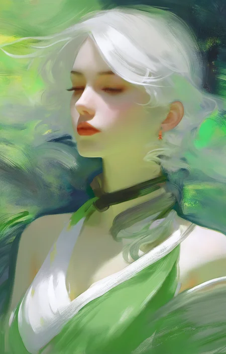 (Style by NTY:1.4), a woman, green shirt, white hair, intricate, dark, <lora:OilPaint:0.7>
