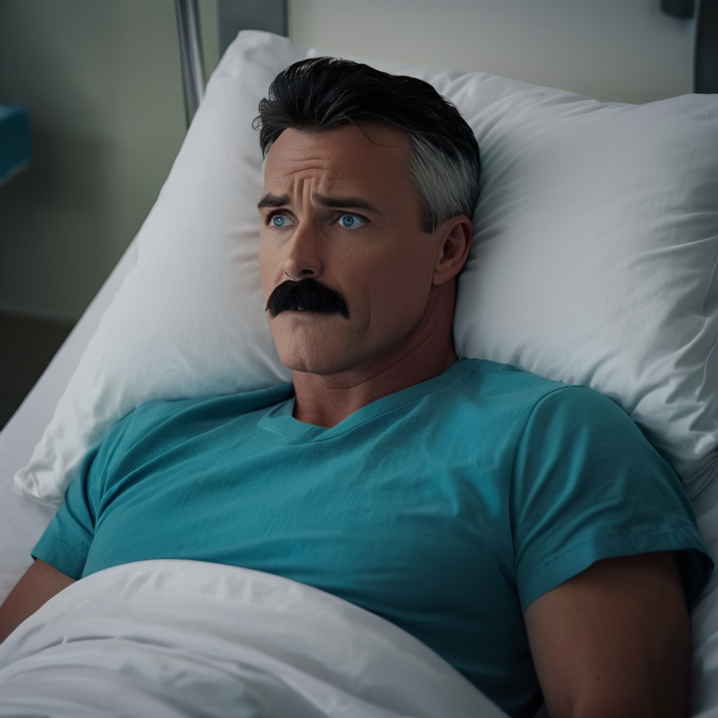 cinematic film still of  <lora:Invincible (TV series):0.4>
 <lora:detailed:0.4> detailed
 <lora:perfection style:0.4> perfect
 <lora:PerfectEyesXL:0.3>
 <lora:Nolan Grayson:1>
Nolan Grayson a man with a mustache laying in a hospital bed,solo,short hair,blue eyes,shirt,black hair,1boy,male focus,multicolored hair,lying,on back,two-tone hair,pillow,bed,facial hair,meme,mustache, shallow depth of field, vignette, highly detailed, high budget, bokeh, cinemascope, moody, epic, gorgeous, film grain, grainy
