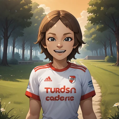 score_9, score_8, BREAK, solo, wii, mii, wii fit, 1girl, female mii, brown hair, dark blonde eyebrows, black eyes, half circle nose, open mouth, teeth, RiverPlate, striped shirt, striped, shirt, white shirt, short sleeves, clothes writing, sportswear, soccer uniform, white pants, barefoot, cute, Maeda_(\Wii_Fit\), small breasts, Nintendo Mii, modern_mii, classic_mii, sexy pose, self portrait, smile, outdoors, sunlight, shadows, evening lighting, natural lighting, forest, trees, grass, orange sky, sunset