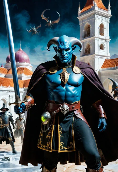 A hyperrealistic 8k photograph was captured by Sid Avery's Hasselblad camera, depicting close-up a handsome+ Tiefling shield bearer with pink+++ skin and slender build during a battle+++, surrounded by Ghouls++, He has a bald head, neon yellow eyes, calm++ and handsome+ and detailed face, cold smile++, mysterious and ominous aura of dark shadows enveloping the figure, Lovecraftian Horror-themed, in the artistic style of Boris Vallejo, Shadows casting an uncanny atmosphere, hints of eldritch dark energy crackling, He is dressed in a musketeer outfit, high details and era-appropriate, He is wielding a magically radiating+ Backsword+ in the right hand, and he is holding a steel shield+++ in the left hand, Backdrop (background) of a focused scene of a battle with Ghouls next to a white-marble palace, Mysterious composition, imbued with a dark, ambient 3d warm studio backlight.