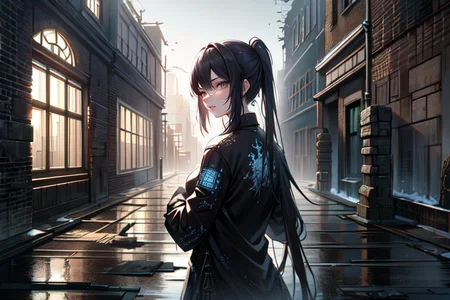 highly insanely detailed, masterpiece, top quality, best quality, highres, 4k, 8k, RAW photo, (very aesthetic, beautiful and aesthetic),
(code_style,codestyle),traditional chinese text,
<lora:CodeStyle (half generic class)_564920:0.6>,
(1girl:1.3), 1other,
long-shot ruins,building,window frame,cracked window,wall corner,upturned,abandoned,metal,industrial,fence,moody,cracked mud,urban,canalside,london,âââ