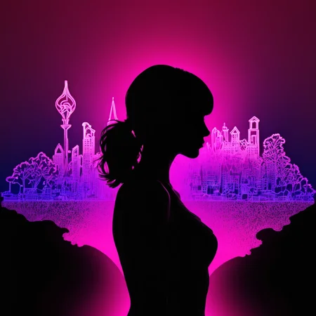 PStyl3, plasmatic neon carnation woman silhouette with a town background <lora:Maximalist_Drawing_BW:0.85>