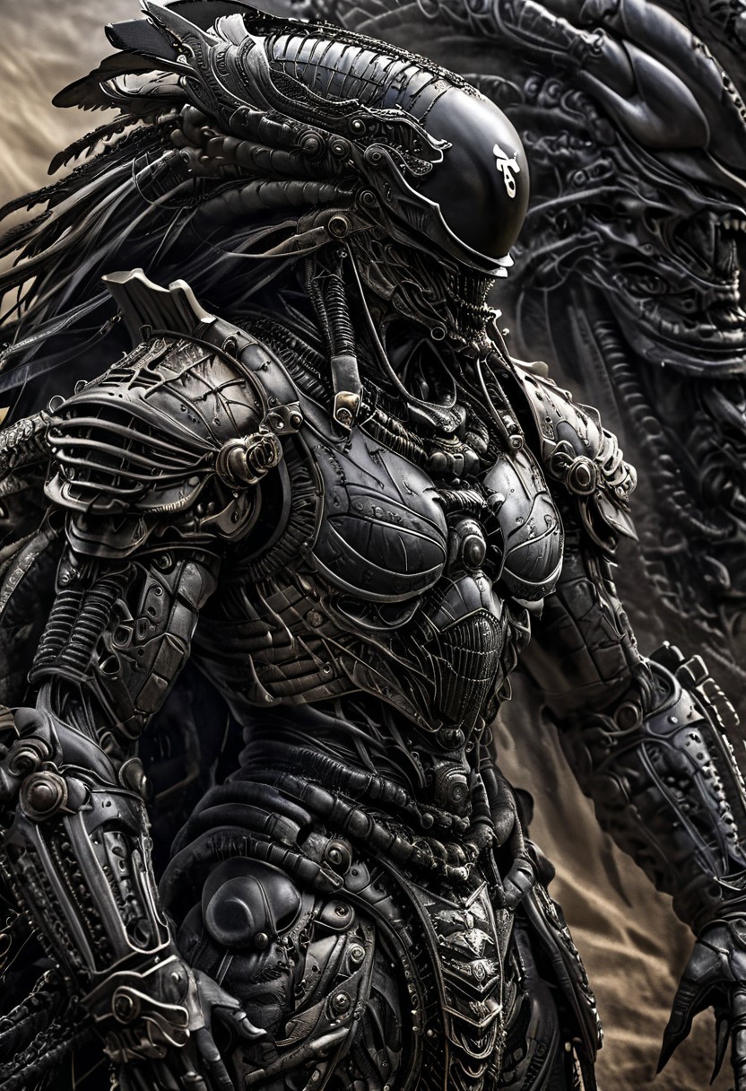 stunning, magnificent, HD, photorealistic, samurai, dramatic lighting, solo, standing alone in a desert, intricate details, intricate armor, intense gaze, mythical, legendary, powerful, ((dark, evening)), cinematic, close-up, art by hr giger,
 armor, science fiction, no humans,
 vintage painting,painting,realism,Americana art,artistic style
