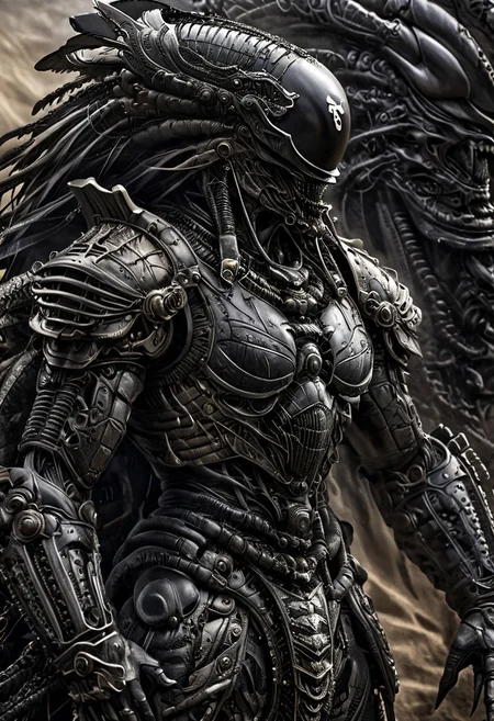 stunning, magnificent, HD, photorealistic, samurai, dramatic lighting, solo, standing alone in a desert, intricate details, intricate armor, intense gaze, mythical, legendary, powerful, ((dark, evening)), cinematic, close-up, art by hr giger,
armor, science fiction, no humans,
vintage painting,painting,realism,Americana art,artistic style