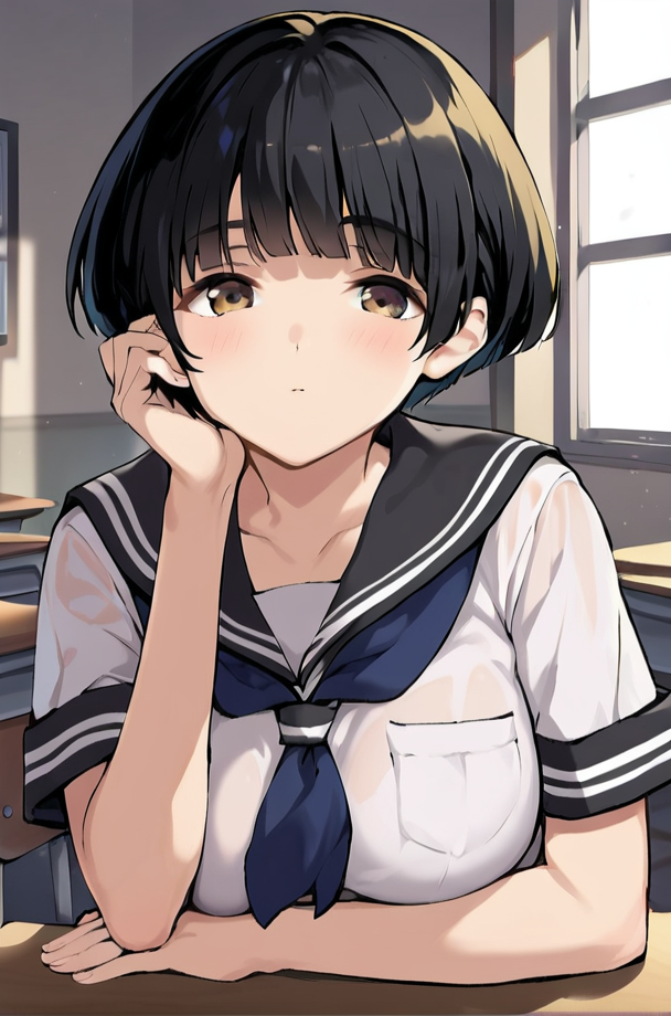 solo, 1girl, female, aoi ikusaba, large breast, black hair, brown eyes, short hair, bangs, blunt bangs, hair over eyes, blush, expressionless, BREAK school uniform, serafuku, short sleeves, white shirt, blue neckerchief, pleated, black sailor collar, black skirt, kneehighs, socks,  BREAK indoors, japanese school, classrom, seated on desk, desk, head rest, colorful, looking at viewer, portrait BREAK ((ultra-detailed)), ((best quality)), ((best quality)), ((beautiful eyes)), ((extremely detailed)), 4K, (8K), best quality, (beautiful), Master piece, highres, score_9, score_8_up, score_7_up, score_6_up, score_5_up, score_4_up, colorful, best quality, official art, highres, masterpiece, nai3, god light, detailed background, high quality background,<lora:Aoi_Ikusaba_Ichinengo_Ore_no_Ko_o_Haramu_Imouto_no_Kiroku:0.9>