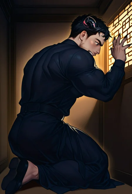 score_9, score_8_up, score_7_up, score_6_up, masterpiece, best quality, detailed eyes, detailed face, face_focus, (solo, full body, domfth transformation into demon, mid transformation, small demon horns, sharp teeth, sharp nails, sitting, back arched, looking at ceiling, hands on wall, side view), (SinfulConfession, confessional, dark lighting, lattice window, confession, dark room, bara, facial hair, short hair, priest clothes, black eyes, black hair), muscular male, realistic, (large muscular back, large muscular arms, eyes wide open, mouth wide open, shock, paralyzed)