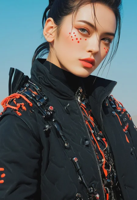 Vibrant colorful niji pastel neon pop ral-18thlxry art in the style of jimmy-marble, red/black high collar jacket, solo, Female wired-cyborg heavy armored feudal samurai resembling Johnny bravo, reinforced Military Jacket, jewelery Made of mechanical parts, tattoo, Abs, portrait, neon eyes, wired-cyborg, looking back, shining teeth, white eyes,