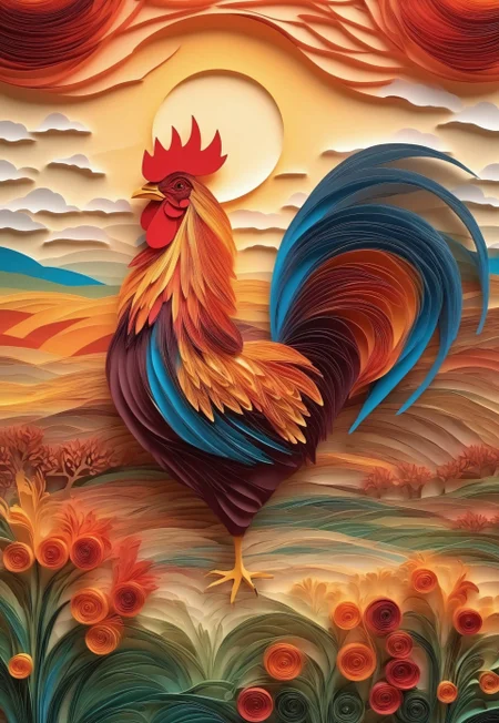 Paper quilling, layered paper. (A rooster crowing at sunrise, with the sun crafted from swirling paper layers). (Background: a farm scene in vivid paper art).
4k, high quality, masterpiece,
