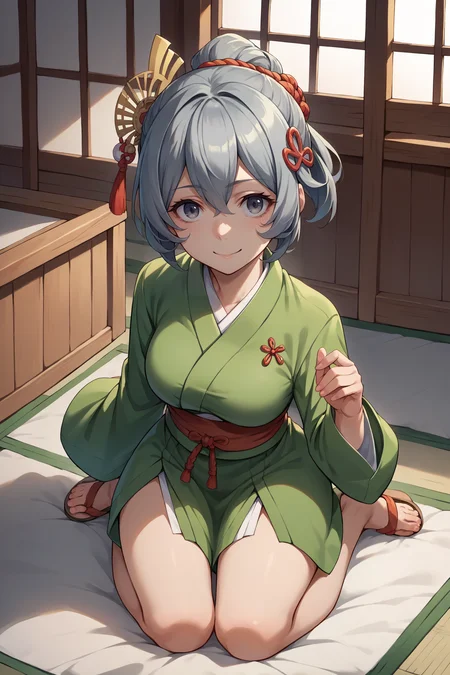 score_9, score_8_up, score_7_up, score_6_up, source_anime, 1girl, solo <lora:syrflova-pdxl-nvwls-v1-000004:1> dmSyr, grey hair, medium hair, folded ponytail, green kimono, red sash, looking at you, kneeling, indoors, smile, hair ornament, sandals