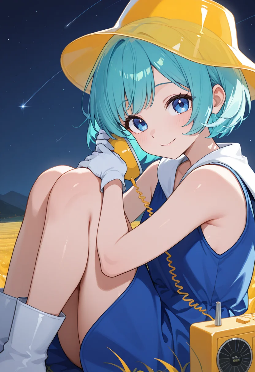 1girl,solo,<lora:minppnil-000012:0.9>,minppn,short hair,blue hair,aqua hair,blue eyes,transparent hat,yellow hat,blue dress,loose shirt,blue shirt,sleeveless,white gloves,boots,looking_at_viewer,cowboy_shot,from_side,smile,sitting,knees_to_chest,night,shooting_star,field,plateau,radio,phone,incredibly absurdres,masterpiece,best quality,good quality,newest,