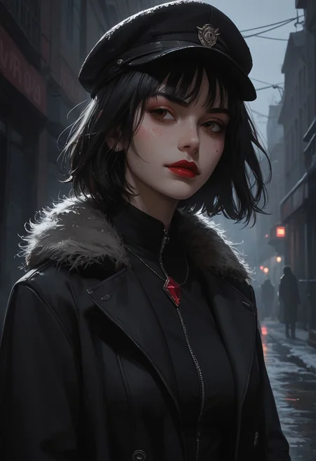 score_9, score_8_up, score_7_up, score_6_up, score_5_up, score_4_up, 1girl, (score_9, score_8_up:1.1) city , dark , evening , night , alley , 20th century , mafia , gloomy lighting , fog , black fog , smoke , haze . beautiful face , round face , painted face , painted face , beautiful lips , painted lips , black hair , short hair , brown eyes , beautiful eyes , detailed eyes , detailed eyes , detailed face , painted eyes , black eye arrows , red lipstick , black coat , long coat , fur coat , black boots , red diamond ring , hand ring , far view, focus on the body, looking away, not looking at the camera,bottom view blush, smug, drung,hat , snow , snowy 