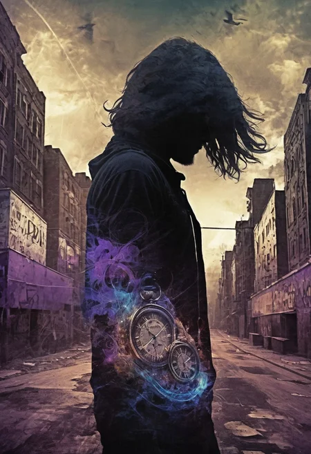 a world inside me, street, epic fantasy, dark fantasy, gritty, real, graffiti, long hair, (((silhouette))), expressionism art, fractals, stopwatch, deep purple and gray, at dusk, cinecolor, (dimmed colors:1.1), hdr, mentixis, linquivera