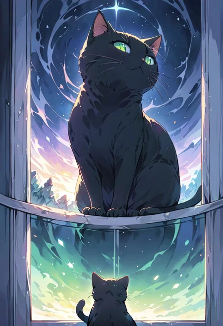 (((masterpiece))), (((best quality))), ((ultra-detailed)), (illustration), (detailed light), ((an extremely delicate and beautiful)), (beautiful detailed eyes), (moonlight), 1 cat, black_cat,cat_shadow, green eyes, on the window, beautiful view, from afar, green aura, painted world, colorful splashes