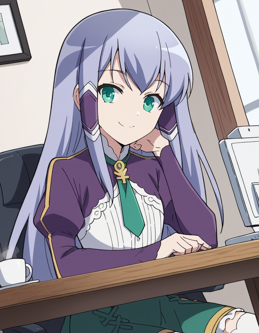score_9, score_8_up, score_7_up, source_anime, <lora:elze-silhoueska-s2-ponyxl-lora-nochekaiser:1>, elze silhoueska, long hair, blue eyes, green eyes, blue hair, aqua eyes, hair tubes,, skirt, thighhighs, white thighhighs, puffy sleeves, white shirt, necktie, green necktie, purple sleeves, green skirt, frilled skirt, home office, working from home, computer screen, coffee cup, focus, deadline, smile, sitting, elbow rest, table,, looking at viewer, solo,, dutch angle, cowboy shot