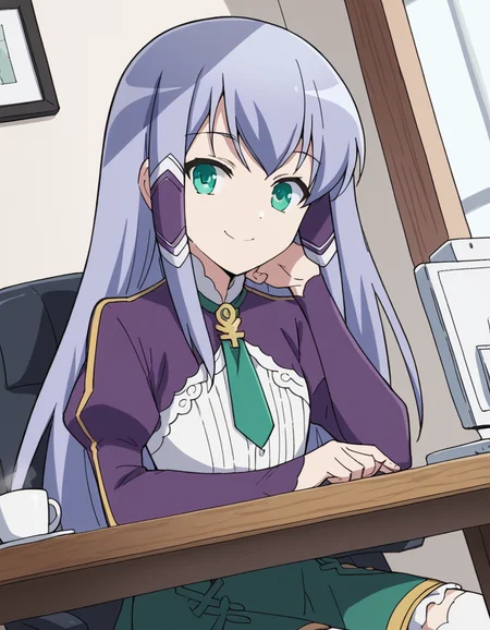 score_9, score_8_up, score_7_up, source_anime, <lora:elze-silhoueska-s2-ponyxl-lora-nochekaiser:1>, elze silhoueska, long hair, blue eyes, green eyes, blue hair, aqua eyes, hair tubes,, skirt, thighhighs, white thighhighs, puffy sleeves, white shirt, necktie, green necktie, purple sleeves, green skirt, frilled skirt, home office, working from home, computer screen, coffee cup, focus, deadline, smile, sitting, elbow rest, table,, looking at viewer, solo,, dutch angle, cowboy shot