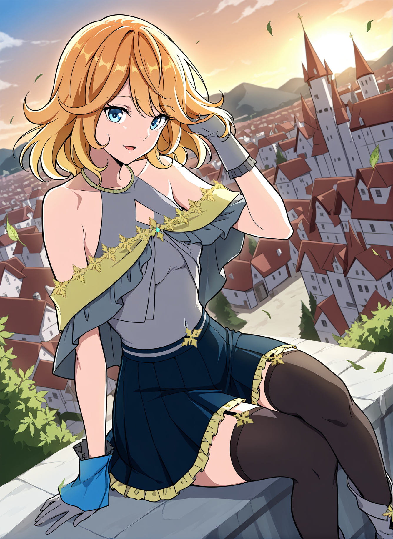 <lora:Samantha_Tempest__The_Beginning_After_the_End__Illustrious:1>
1 girl, solo, expressive eyes, bright blue eyes, short wavy hair, shoulder-length hair, gradient hair, orange to blonde hair, curled ends, side swept bangs, layered hair, shiny hair, small nose, light makeup, anime style, 
grey halter top, sleeveless top, asymmetrical ruffles, triangular chest cutout, gold trim, fitted waist, ornamental leaf embroidery, gold leaf pattern across chest and shoulders, short pleated skirt, navy blue skirt, yellow frilled underskirt, gold ornament at waist, black thigh-high stockings, visible garter straps, gold leaf garter clips, bare thighs, long gray gloves, gray heels, ankle boots, folded top boots, covered navel,
score_9, score_8_up, score_7_up, very aesthetic, source_anime, detailed, high quality, beautiful, masterpiece, detailed eyes, castle, village, blurry background, cityscape, pose dynamic angle, light smile, open mouth, hand on hair, sitting