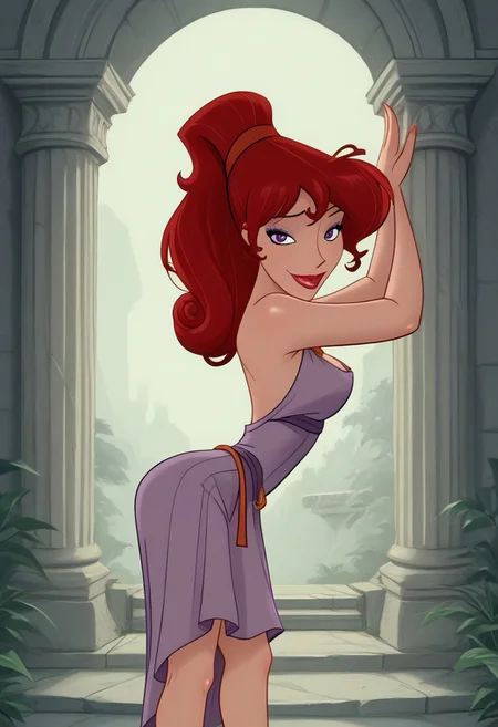 score_9,score_8_up,score_7_up,score_6_up,score_5_up,score_4_up, 1girl, naughty face, front, leaning forward, arms up, sexy pose, leaning forward, very happy, looking at viewer, ruins, broken pillar, dynamic pose, cowboy shot,
<lora:AMeghanXLP_character:1>, MegXLP, purple eyes, red hair, high ponytail, makeup, purple dress, anime screencap,
<lora:Dean Yeagle StylePonyLyco:1> dystlye,