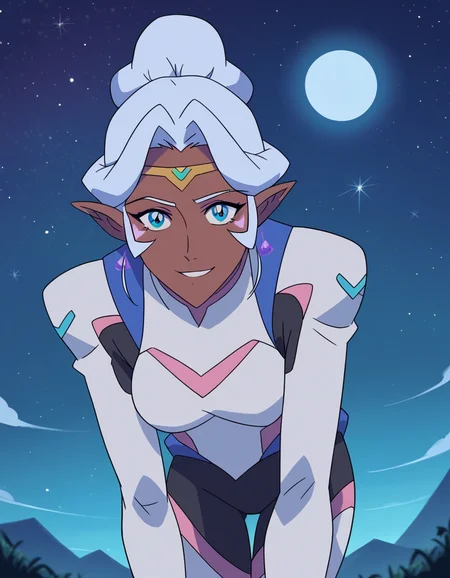score_9, score_8_up, score_7_up, source_anime,
princessallura, <lora:princess-allura-anime-ponyxl-lora-nochekaiser:1>,
allura, blue eyes, white hair, pointy ears, dark skin, dark-skinned female, facial mark, elf, dark elf,
jewelry, earrings, hair bun, bodysuit,
outdoors, space, starry sky, moon, night, bent over, smile,
looking at viewer, cowboy shot, solo, dutch angle,