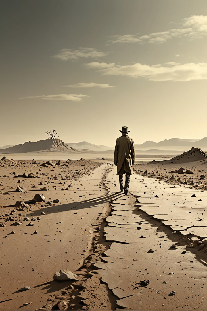 (absurd caricature), A solitary figure, wandering through a desolate landscape.