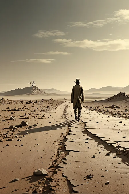 (absurd caricature), A solitary figure, wandering through a desolate landscape.