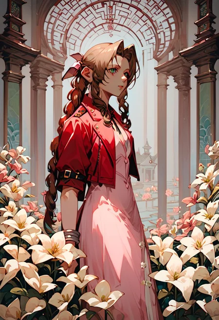 (score_10, score_9_up, score_8_up, score_7_up,) 1girl, aerith gainsborough, brown hair, braid, long hair, green eyes, hair ribbon, pink dress, red jacket, cropped jacket, best quality, high quality, masterpiece, highres, cathedral interior, flower, white lilies, stained glass, extremely detailed CG, extremely detailed 8K wallpaper, extremely detailed character, solo, sharp focus, (dramatic angle:1.2), cinematic lighting, extremely delicate and beautiful, absurdres, incredibly_absurdres, bloom, glow, bokeh, jewelry, ornaments, Painstaking Attention To Details,w4t3rc0l0ur