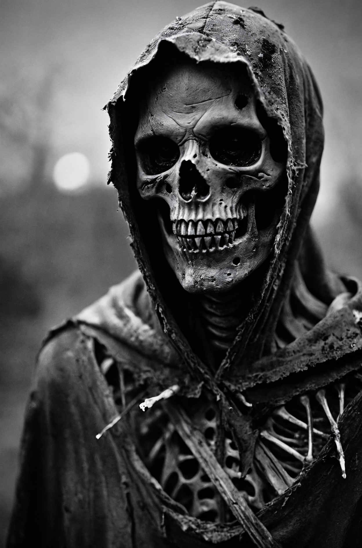 Mamiya photography,film grain,1950s style,foreground blur,close up,horror, creature, undead, zombie, menacing, close-up, tattered hood, rotted flesh, snarling, sharp teeth, dark eyes, grayscale color palette, high texture detail, blurred background, dark atmosphere, sinister, decaying skin, exposed bones, fantasy, eerie, cinematic lighting, high-resolution image, left-facing profile,