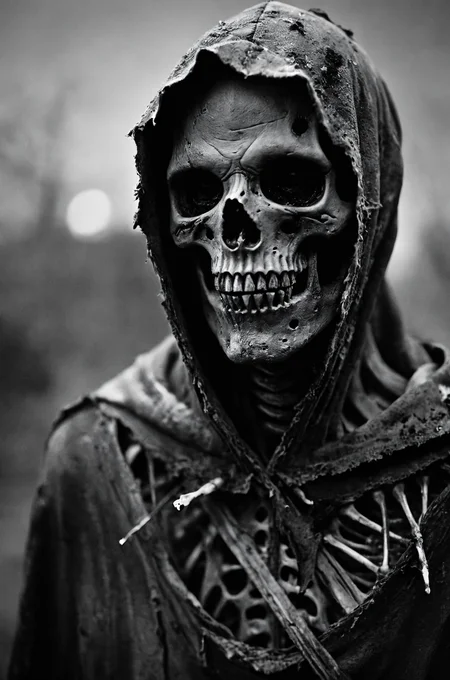 Mamiya photography,film grain,1950s style,foreground blur,close up,horror, creature, undead, zombie, menacing, close-up, tattered hood, rotted flesh, snarling, sharp teeth, dark eyes, grayscale color palette, high texture detail, blurred background, dark atmosphere, sinister, decaying skin, exposed bones, fantasy, eerie, cinematic lighting, high-resolution image, left-facing profile,