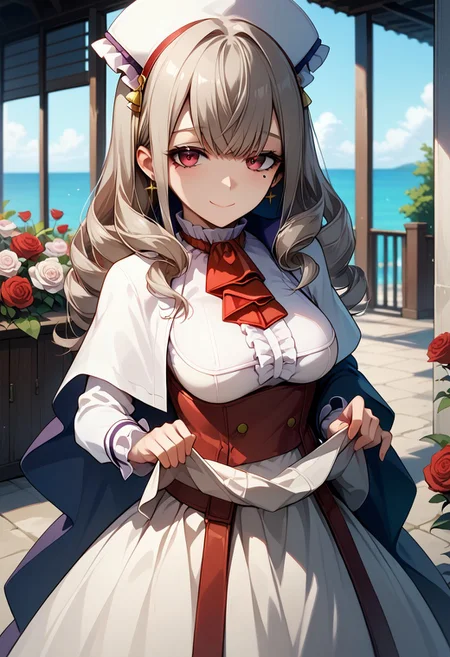 score_9,score_8_up,score_7_up,source_anime, Sophia Keren,1girl,solo,breasts,looking at viewer,smile,skirt,long sleeves,dress,closed mouth,medium breasts,flower,frills,white dress,mole,clothes lift,ascot,rose,skirt lift,lifted by self,red ascot,