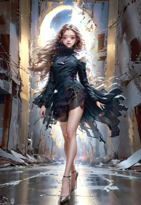 score_9, score_8_up, score_8_up, beautiful girl, futuristic model, wild playful hair, in an action spell-casting pose, summoning her magics, glowing light swirl in orbit around her, sly smile. Beautiful and dangerous atmosphere. Standing in the shadow of a wrecked building, water gushing like waterfalls from high up the building. A large partially shattered moon in the sky. From below. Resplendent spotlight highlighting, cinematic composition and lighting. Masterpiece. 8k. Very detailed.