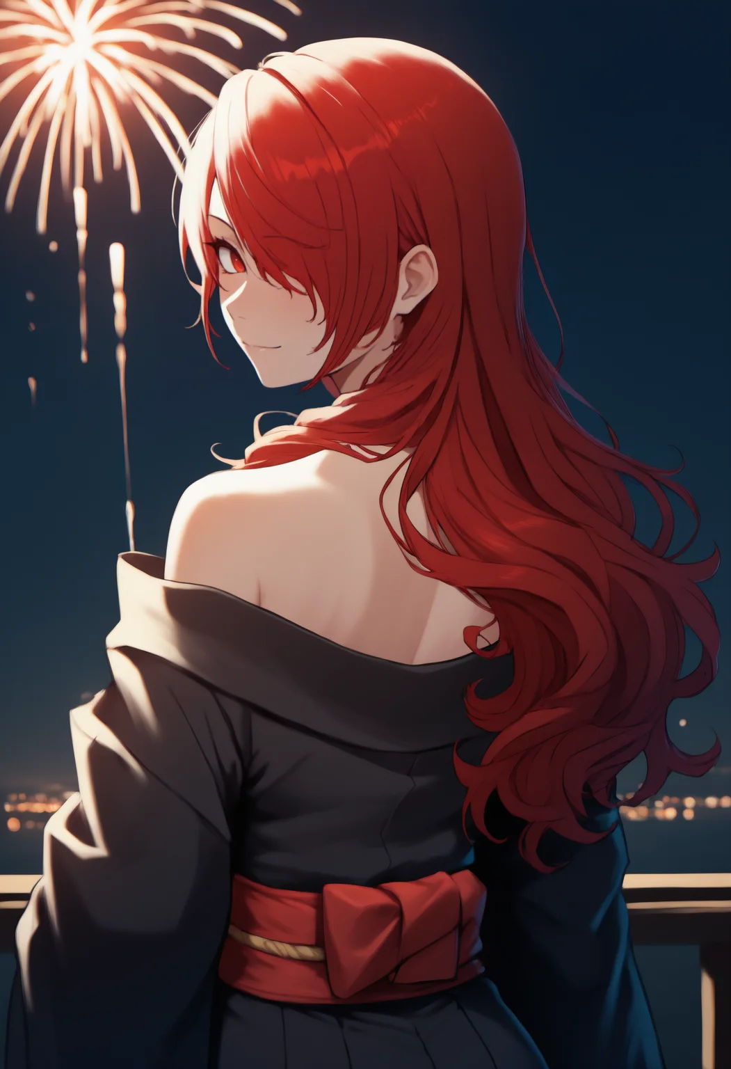 anime, masterpiece, best quality, newest, from behind, solo, 1girl, mtsrdef, slight smile, looking back, long hair, red hair, hair over one eye, red eyes, japanese clothes, black kimono, off shoulder, red sash, bare shoulders, outdoors, night, fireworks
<segment:yolo-face_yolov8m.pt,0.4,0.5//cid=1>