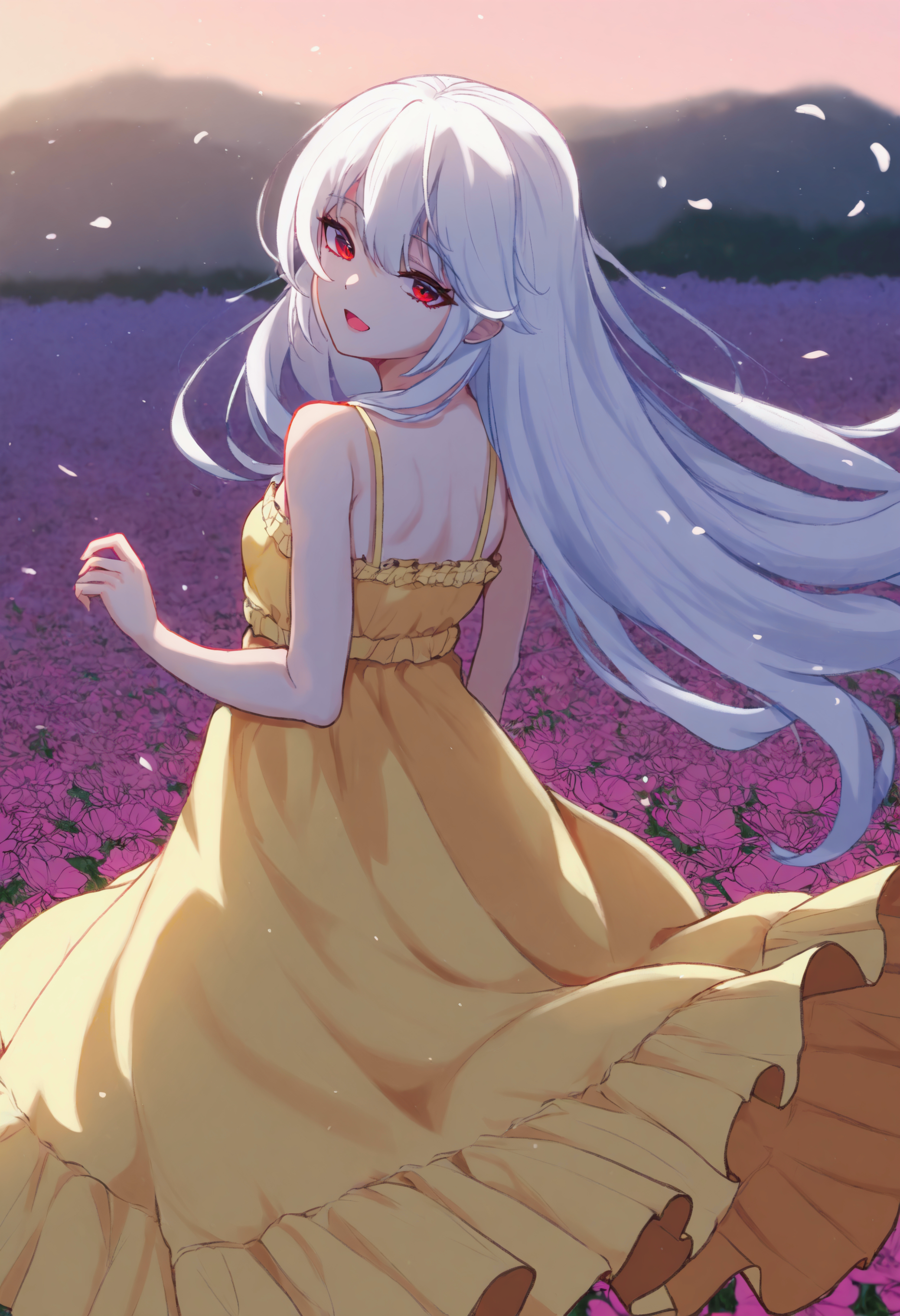 <lora:Char_KazamiKazuki:1>, red eyes, white hair, long hair, yellow dress, sundress, bare shoulders, 
from behind, looking back, flower field, wind, open mouth, smile, very awa, masterpiece, best quality, highres, absurdres