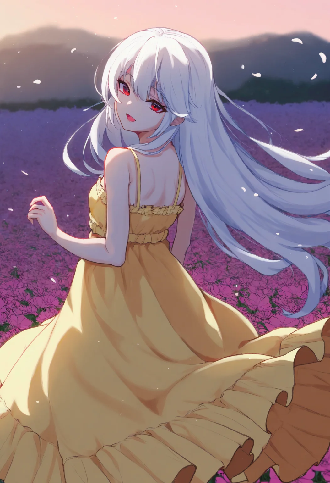 <lora:Char_KazamiKazuki:1>, red eyes, white hair, long hair, yellow dress, sundress, bare shoulders,
from behind, looking back, flower field, wind, open mouth, smile, very awa, masterpiece, best quality, highres, absurdres