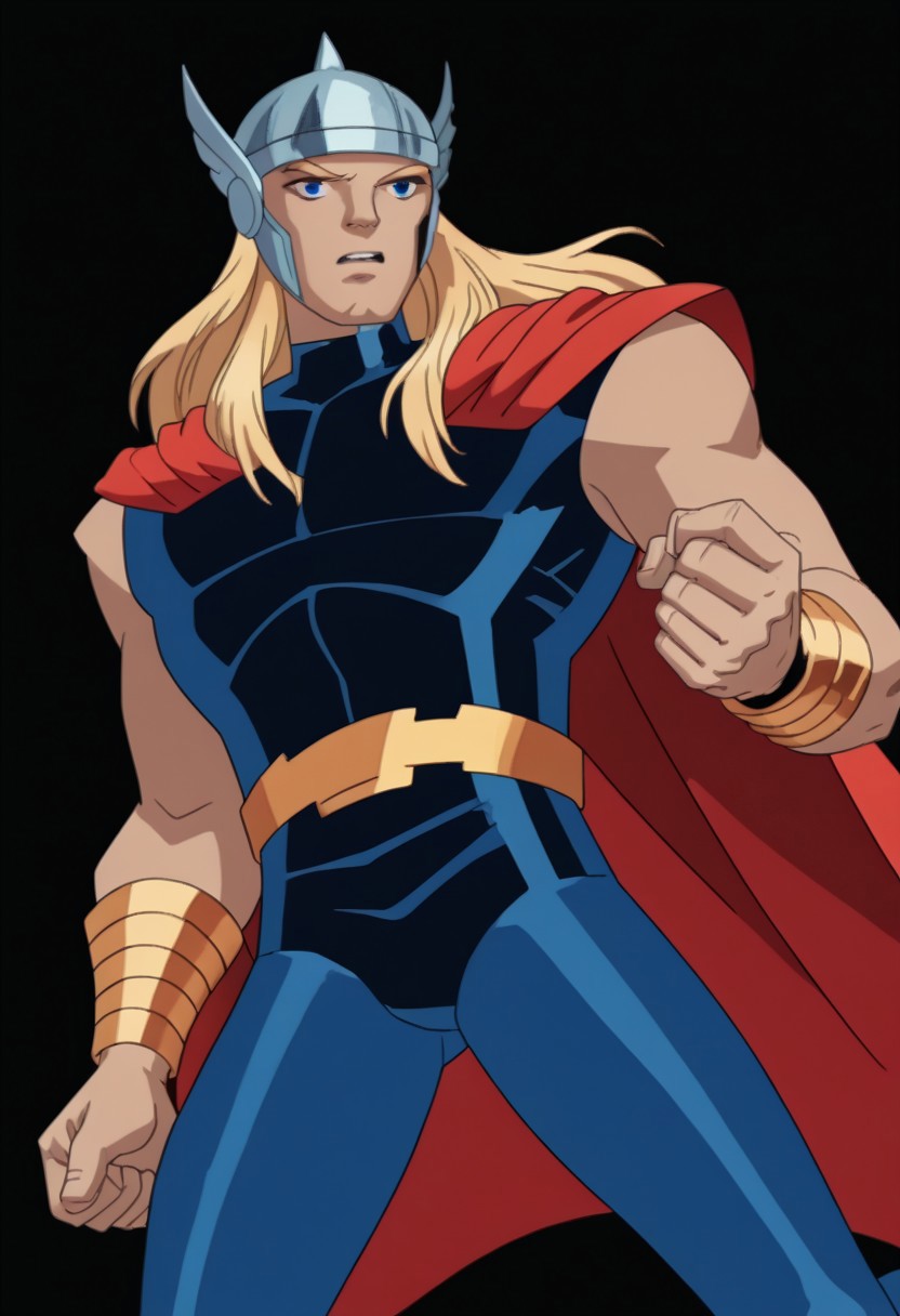 score_9, score_8_up, score_7_up, 2zdxxps, animated screencap, 1male, solo, adult, th1or03, blonde hair, long hair, blue eyes, silver helmet, black unitard, sleeveless, metal circles on chest, red cape, red bracelets, golden belt, blue leggings, golden boots, dynamic pose, action pose, ((anime, animated))), simple background, solid white background, full body shot,