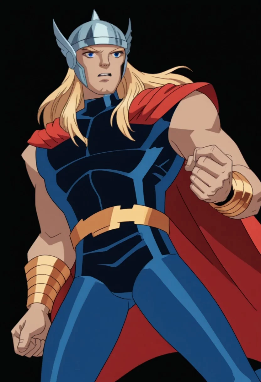 score_9, score_8_up, score_7_up, 2zdxxps, animated screencap, 1male, solo, adult, th1or03, blonde hair, long hair, blue eyes, silver helmet, black unitard, sleeveless, metal circles on chest, red cape, red bracelets, golden belt, blue leggings, golden boots, dynamic pose, action pose, ((anime, animated))), simple background, solid white background, full body shot,