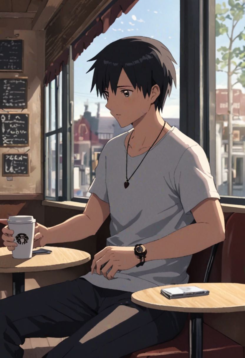 Highres, Masterpiece, High Quality, 4K, 8K, solo, 1Boy, Takaki Toono, adult, black hair, short hair,  cafe, corner cafe, room corner, corner room, hang out, tables, chairs, sofas, pillows, window views, comfortable, coffee cups, casual wear, small simple necklaces, bracelets, watches, easynegative, detailed_eye_model