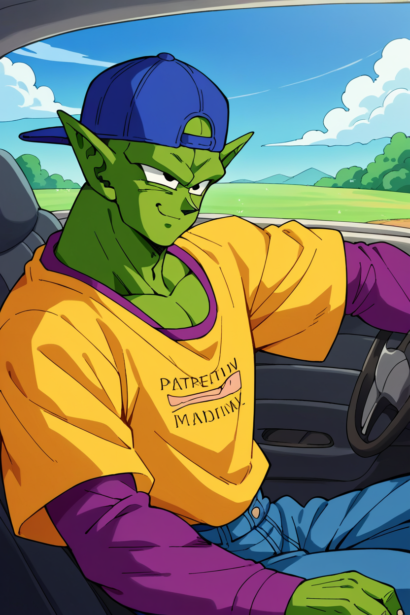 score_9, score_8_up, score_7_up, score_6_up, score_5_up, score_4_up,source_anime BREAK piccolo, 1boy, male focus, solo, green skin, pointy ears, black eyes, car interior, driving,convertible,yellow t-shirt, purple sleeves,long sleeves,blue baseball cap,backwards hat,outdoors, grass, tree,blue sky,smile, closed mouth,jeans     <lora:Piccolo_v0_9:1>