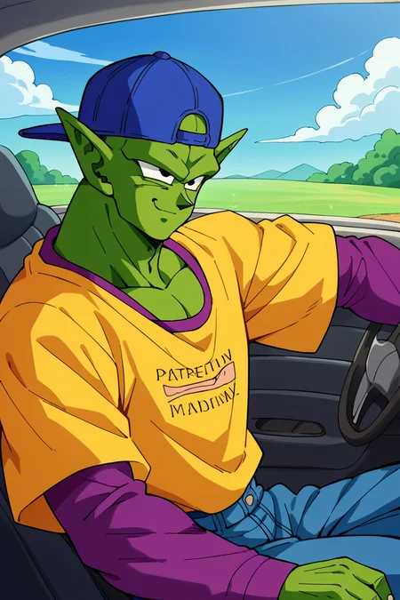 score_9, score_8_up, score_7_up, score_6_up, score_5_up, score_4_up,source_anime BREAK piccolo, 1boy, male focus, solo, green skin, pointy ears, black eyes, car interior, driving,convertible,yellow t-shirt, purple sleeves,long sleeves,blue baseball cap,backwards hat,outdoors, grass, tree,blue sky,smile, closed mouth,jeans <lora:Piccolo_v0_9:1>