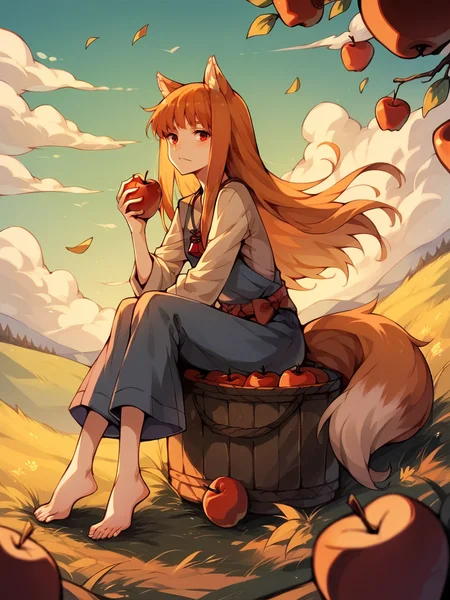 score_9, score_8_up, score_7_up, score_6_up, score_5_up, <lora:HoloXLP:1> holo, 1girl, wolf ears, long hair, solo, red eyes, ginger hair, wolf tail, apple, barefoot