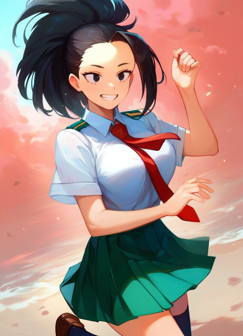 score_9_up, score_8_up, score_7_up, dynamic pose, upper body, 1girl, (solo), human, yaoyorozu momo\(boku no hero academia\), black hair, long hair, ponytail, black eyes, large breasts, smiling, teeth, u.a._school_uniform, short sleeves, white collared shirt, red necktie, green skirt, pleated skirt, black socks, brown loafers, rating_questionable, (outside, on the ocean, midday, sunny)
