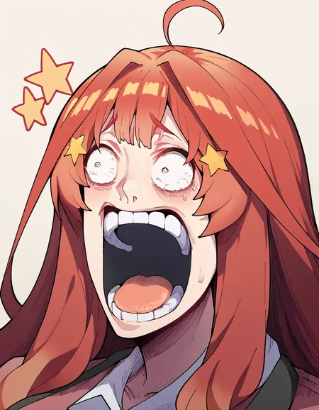 score_9, score_8_up, score_7_up, source_anime, <lora:itsuki-nakano-s2-ponyxl-lora-nochekaiser:1>, itsuki nakano, bangs, ahoge, red hair, star (symbol), hair ornament, star hair ornament, mature female, large breasts, <lora:enel-face-ponyxl-lora-nochekaiser:1> enel face, open mouth, wide-eyed, teeth, tongue,, , ,
