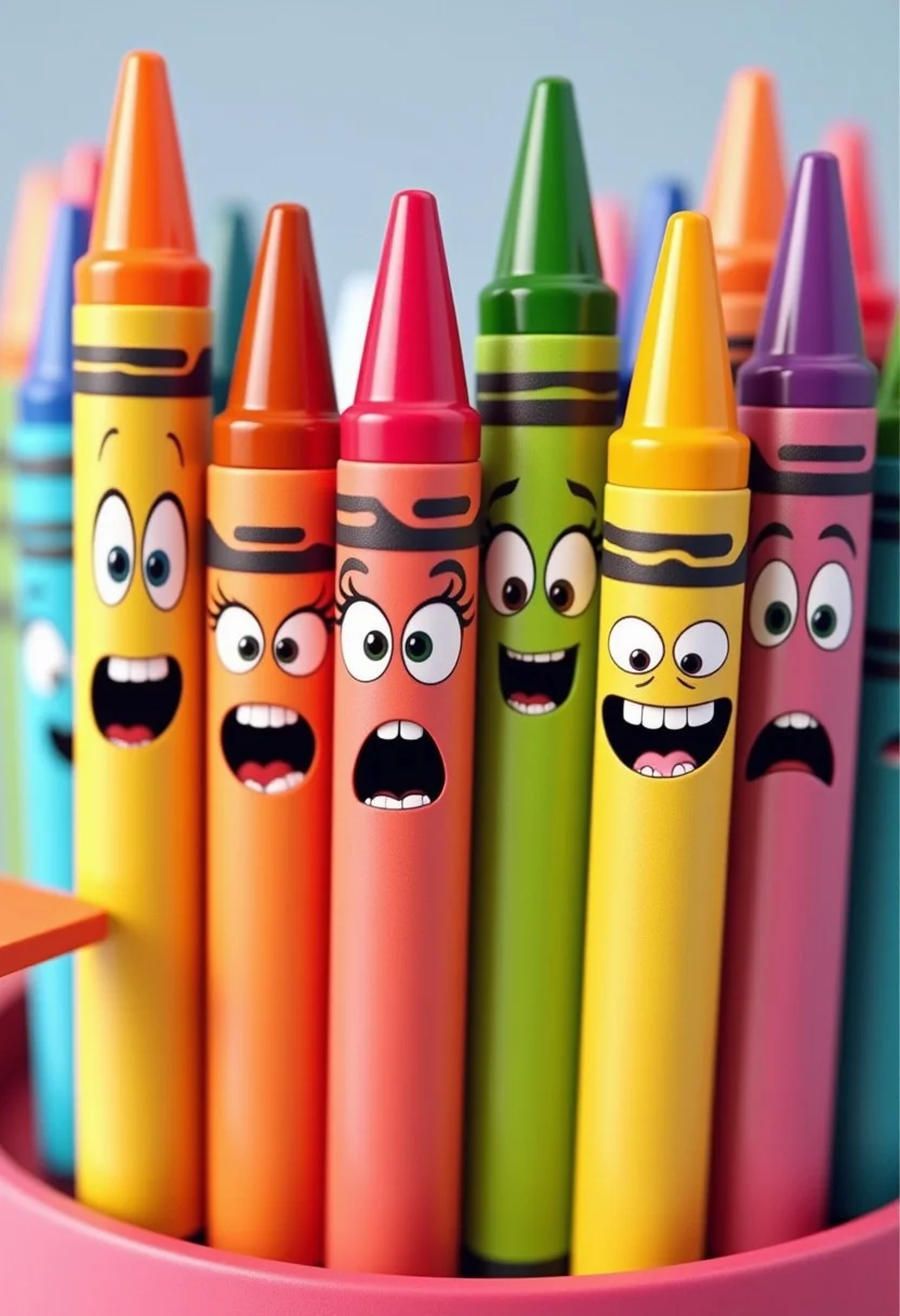 A group of lively crayons with expressive faces, standing upright in a colorful crayon box, each crayon a different color and personality, a 3D render in the style of 3DMVIE