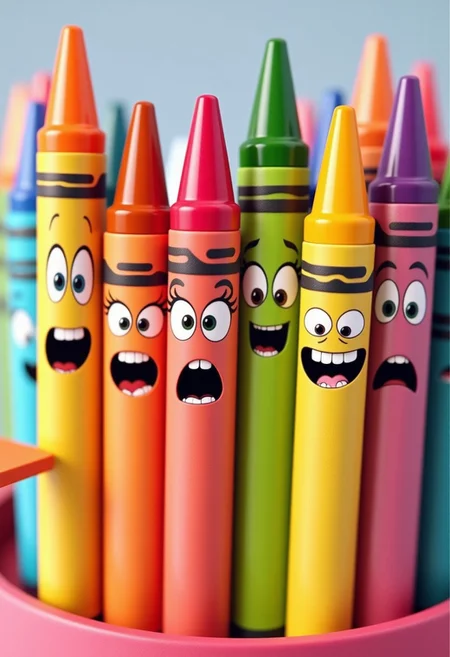 A group of lively crayons with expressive faces, standing upright in a colorful crayon box, each crayon a different color and personality, a 3D render in the style of 3DMVIE